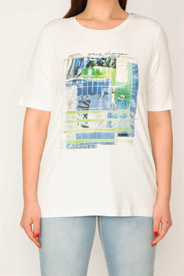 KADIN BEYAZ TAŞ VE LAK BASKILI BLUZ