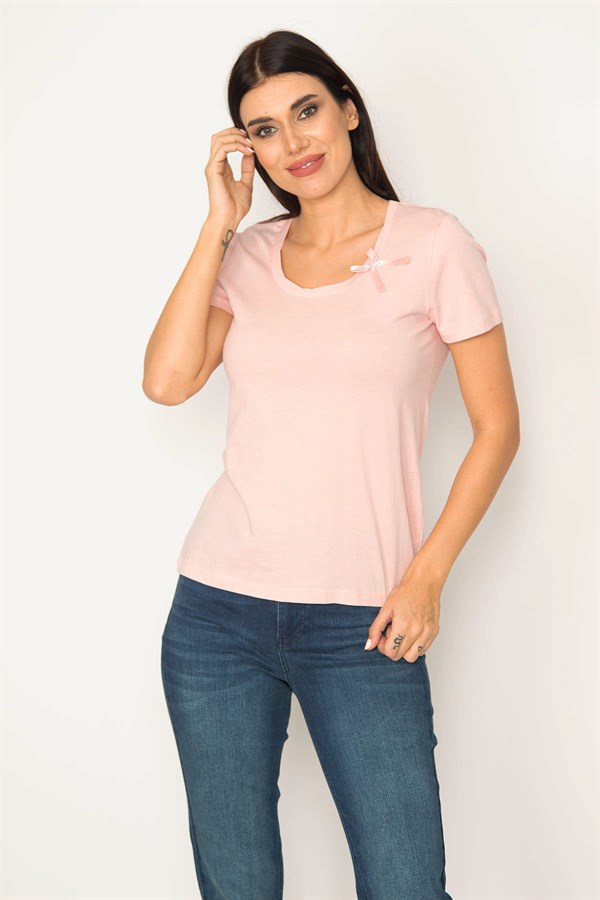 WOMEN'S PINK COTTON FABRIC V-NECK BLOUSE
