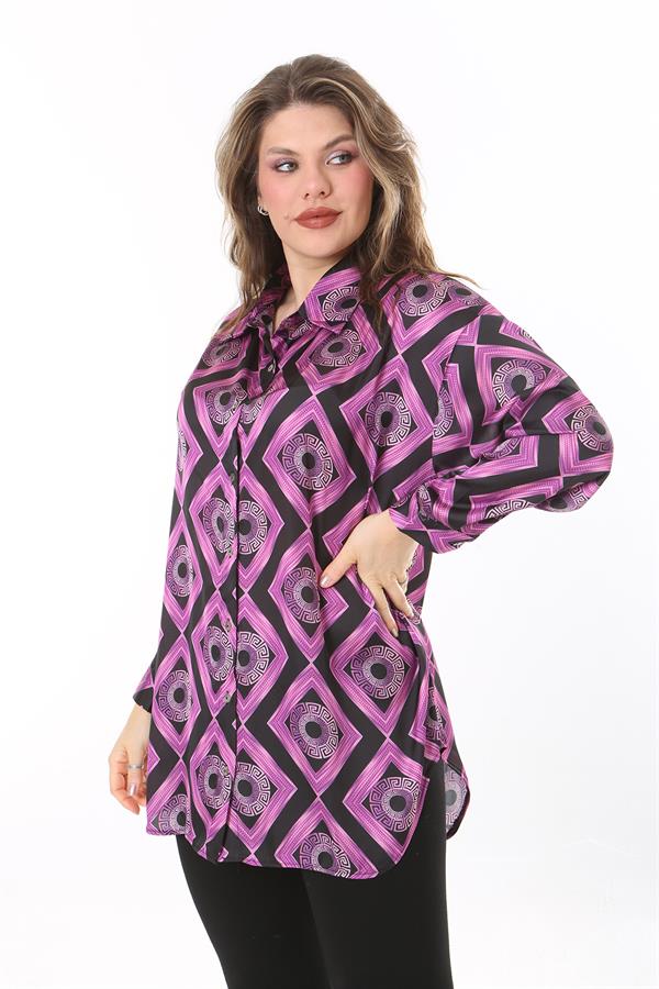 Kadın Büyük Beden Pembe Ön Düğmeli Saten Bluz 65N38017