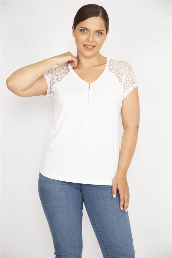 Kadın Beyaz Büyük Beden Pamuklu Kumaş Ön Pat Fermuarlı Kolları Dantel Bluz