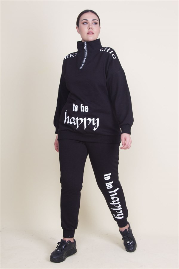 Kadın Gri Pat Fermuar Detaylı Şardonlu Baskılı Eşofman Takım 65N21019