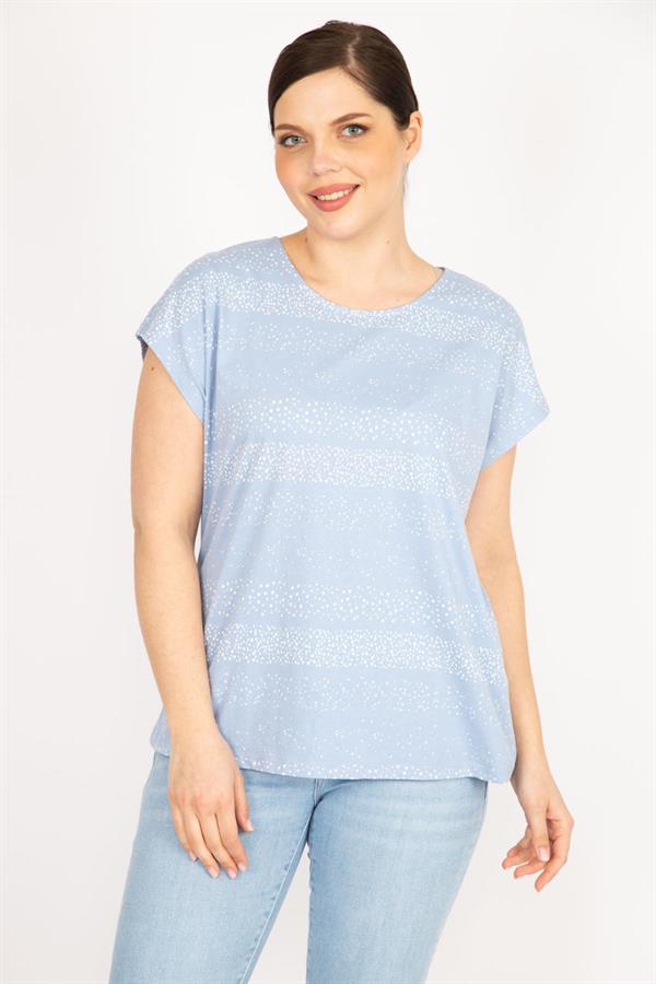 Kadın Bebe Mavisi Büyük Beden Pamuklu Kumaş Düşük Kol Desenli Bluz