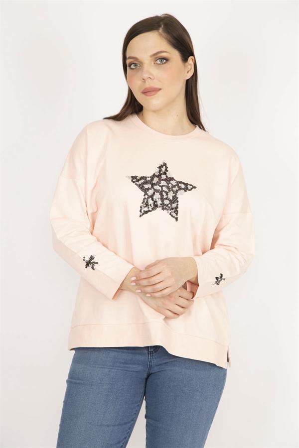 Kadın Pembe Büyük Beden Payet Detaylı Sweatshirt