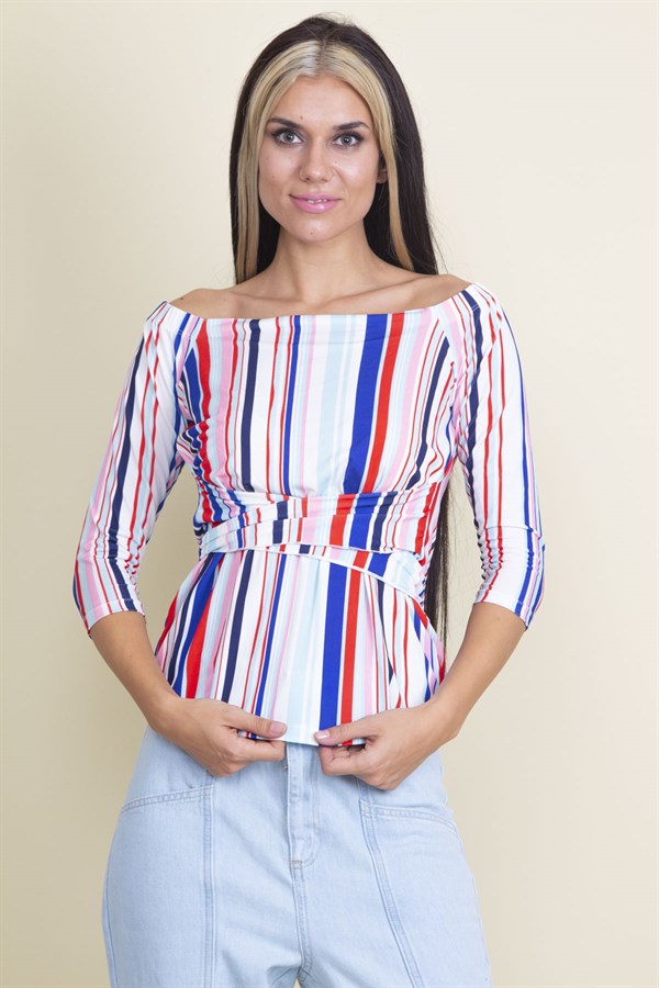 KARMEN YAKA KAPRİ KOL BEL BAĞLAMALI RENKLİ BLUZ