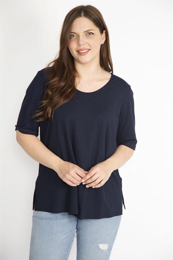 Kadın Lacivert Büyük Beden Önü İki Katlı Kısa Kollu Likralı Bluz