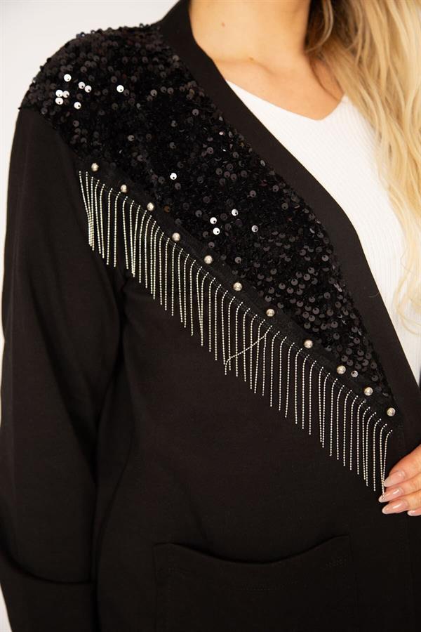 Kadın Siyah Payet Ve Zincir Aksesuarlı Astarsız Ceket 65N35139
