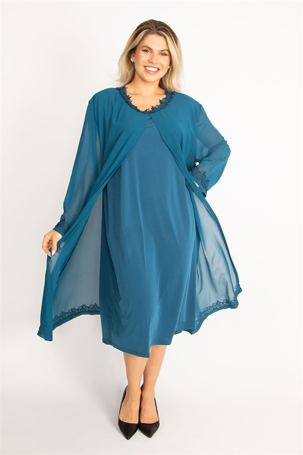 Kadın Füme Şifon Pelerinli Dantel Detaylı Abiye Elbise 65N34506