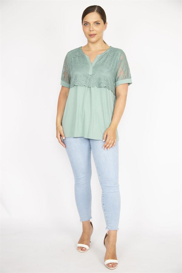 Kadın Yeşil Büyük Beden Dantel Detaylı V Yakalı Tunik