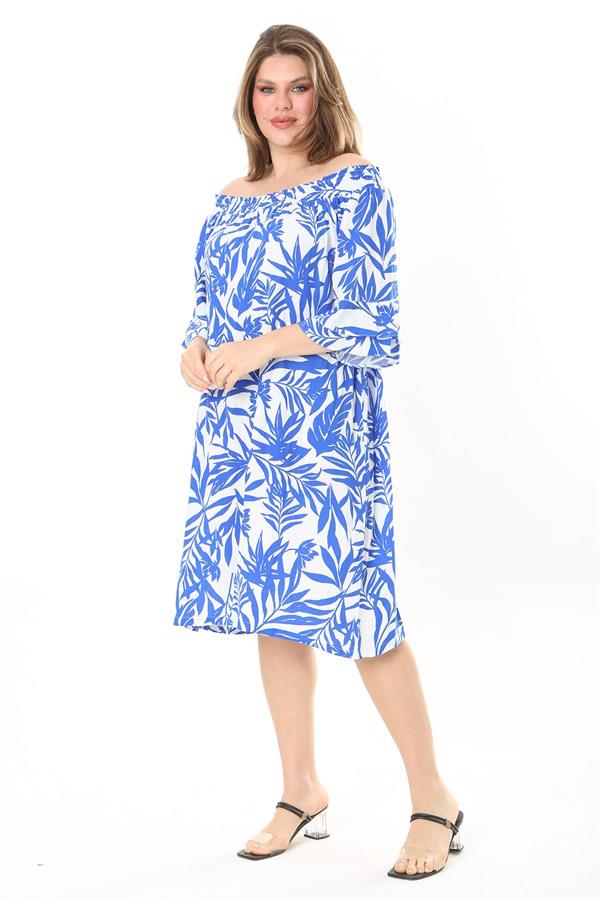 Kadın Mavi Yakası Lastik Detaylı Dokuma Viskon Kumaş Elbise 65N37864