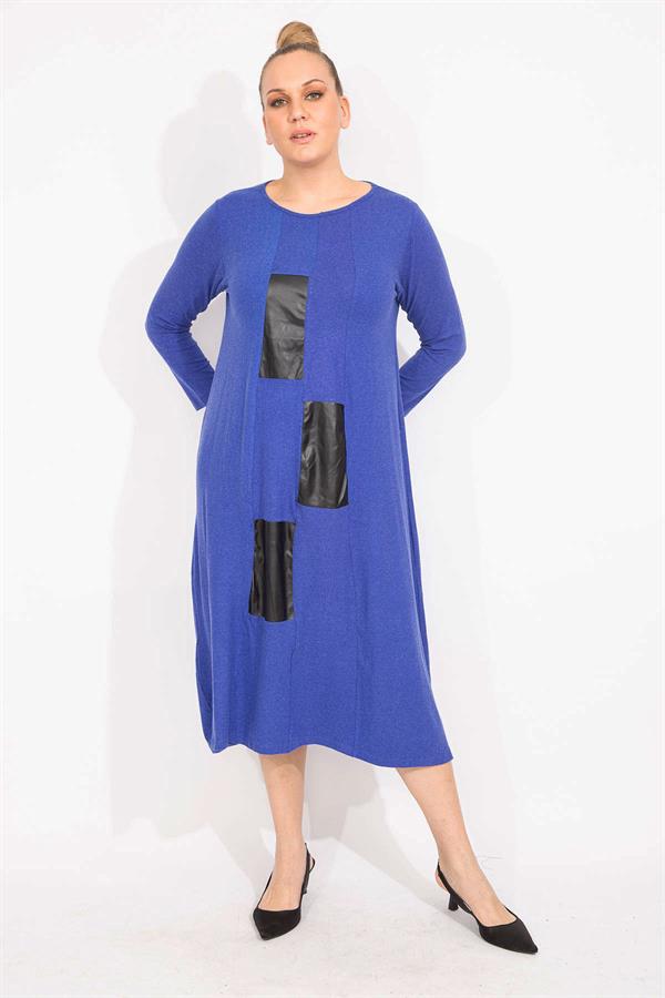 Kadın Antrasit Suni Deri Garnili Uzun Kollu Elbise 65N35528