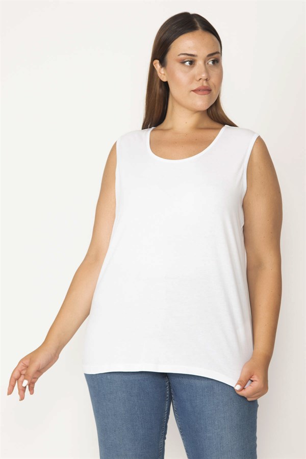 Kadın Beyaz Pamuklu Kumaş Bisiklet Yaka Kolsuz Bluz 65N27624