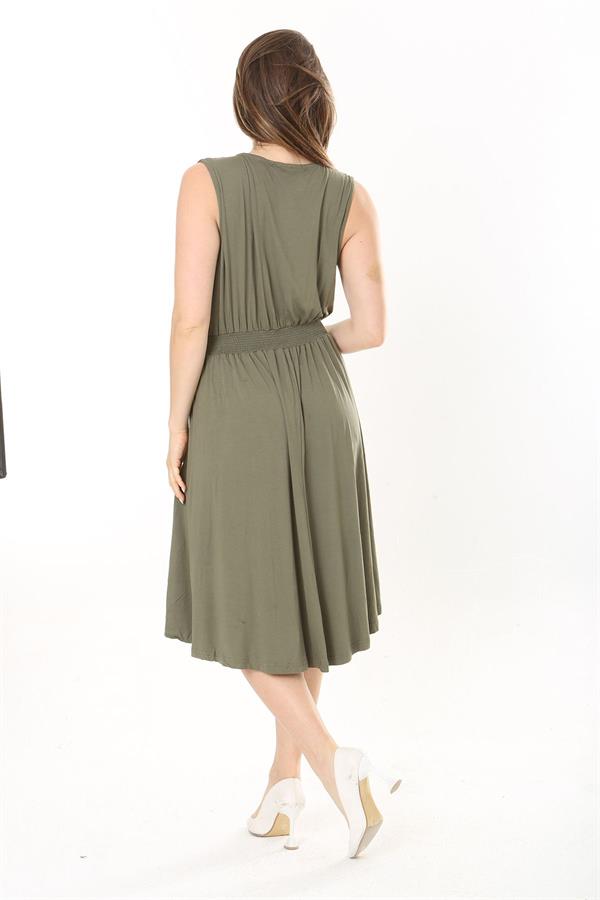 Kadın Haki Anvelop Yakalı Arka Bel Lastikli Kolsuz Likralı Viskon Elbise 65N37872