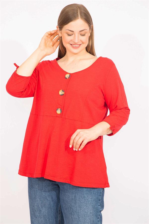 Kadın Kırmızı Büyük Beden Önü Süs Düğmeli Kol Bağcıklı Bluz 65N35734