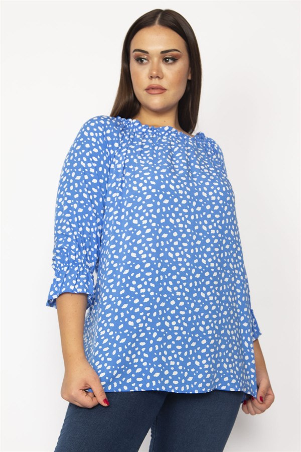 Kadın Mavi Yaka Ve Kol Ağzı Lastik Detaylı Dokuma Viskon Kumaş Bluz 65N29314