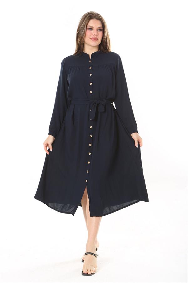 Kadın Lacivert Ön Düğmeli Roba Büzgülü Uzun Kuşaklı Elbise 65N37882