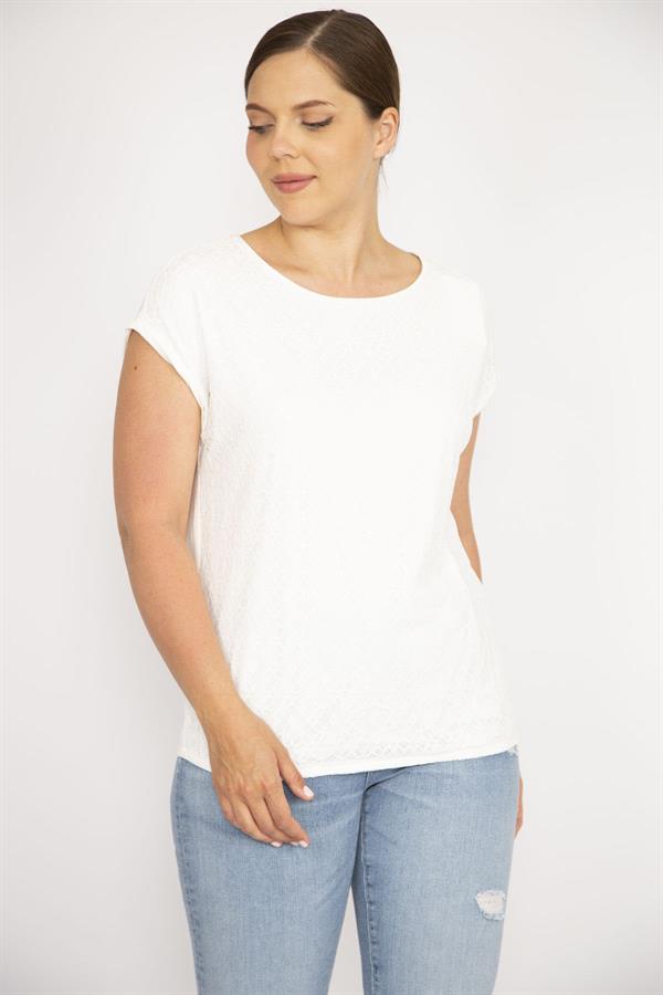 Kadın Kemik Büyük Beden Önü Dantelli Düşük Kollu Bluz