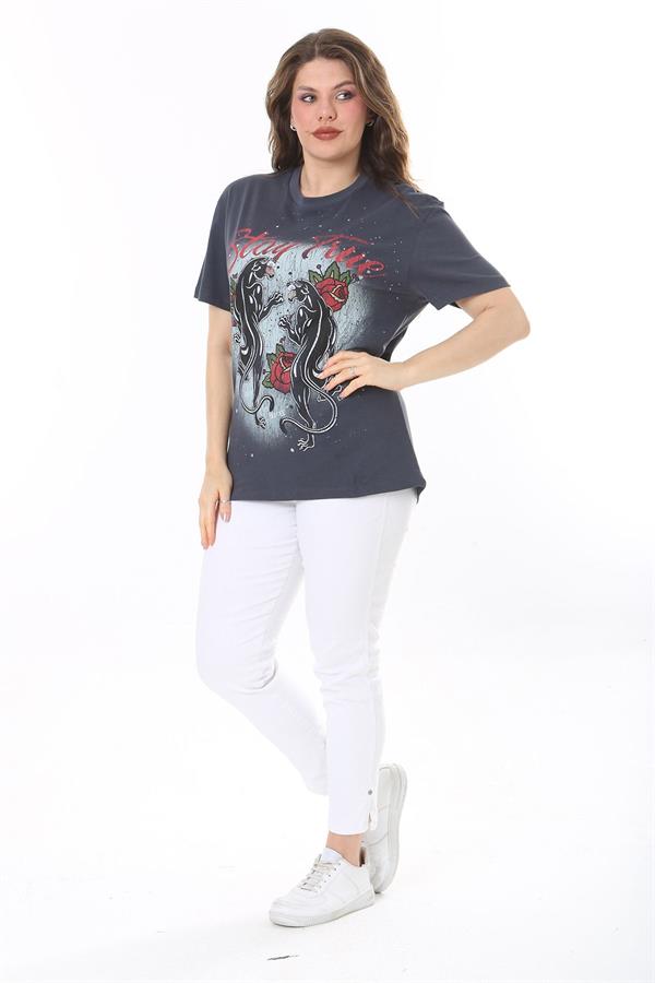 Kadın Büyük Beden Füme Pamuklu Kumaş Kısa Kollu Baskı Ve Taş Detaylı Bluz 65N38036