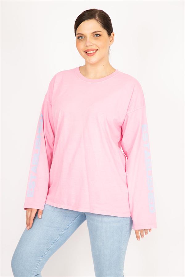 Kadın Bej Büyük Beden Kol Baskılı Sweatshirt