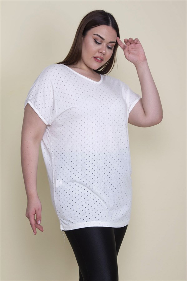 Kadın Kemik Nopeli Kumaş V Yakalı Düşük Kol Bluz 65N25690