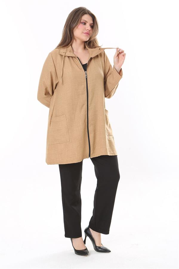 Kadın Büyük Beden Camel Keten Dokuma Ön Fermuar Ve Cepli Astarsız Ceket 65N37787