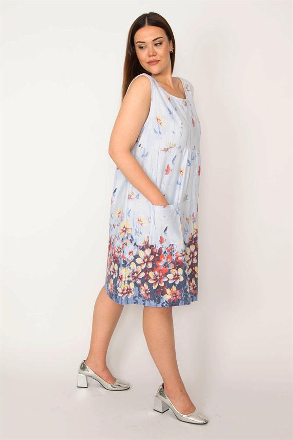 Kadın Mavi Büyük Beden Cepli Tunik Elbise 65N35598