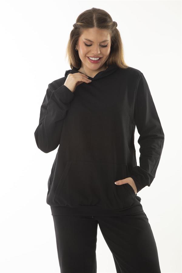 Kadın Büyük Beden Siyah Kanguru Cep Ve Kapşonlu Sweatshirt Pantolon İliki Takım 65N37053