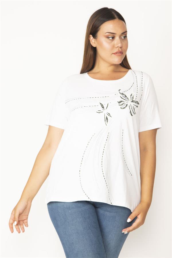 Kadın Beyaz Büyük Beden Pamuklu Kumaş Ön Baskılı Bluz