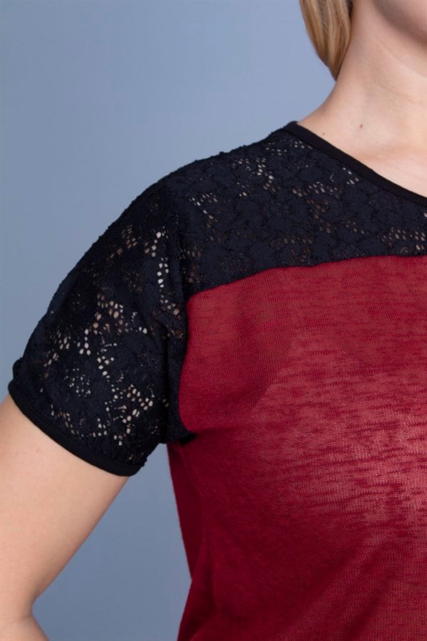 Kadın Bordo Roba Dantel Detaylı Düşük Kollu Bluz 65N25838