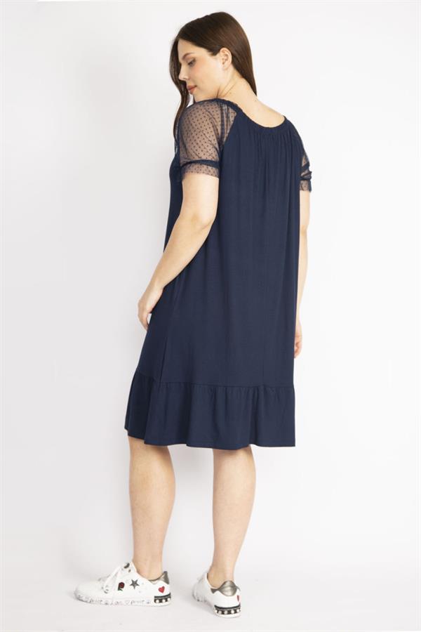 Kadın Kırmızı Büyük Beden Kolları Tül Yakası Lastik Detaylı Etek Ucu Katlı Elbise