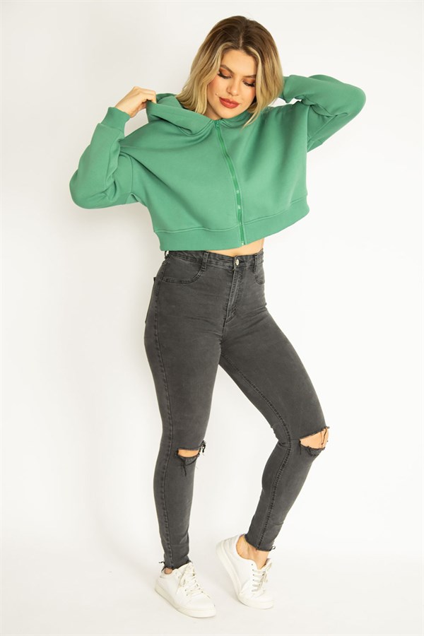 Kadın Yeşil 3 İplik Polar Ön Fermuarlı Kapşonlu Sweatshirt 65N35050