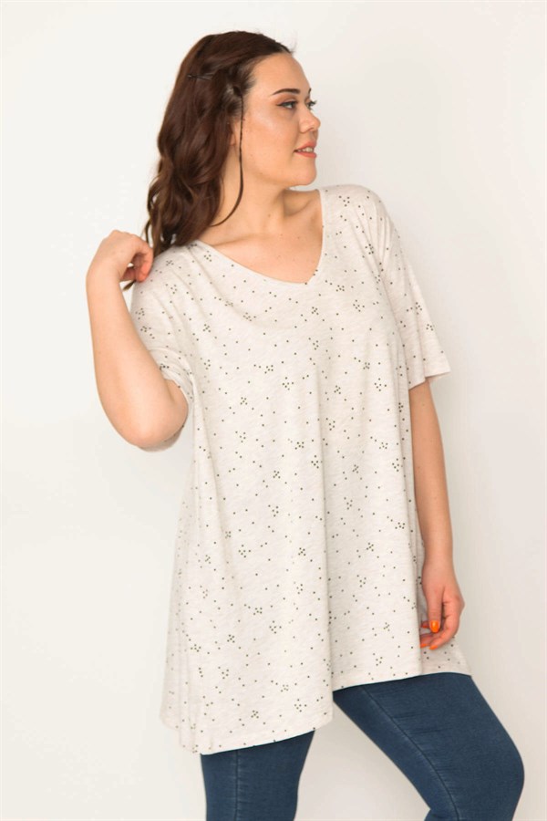 Kadın Vizon Pamuklu Kumaş V Yaka Desenli Tunik 65N32657