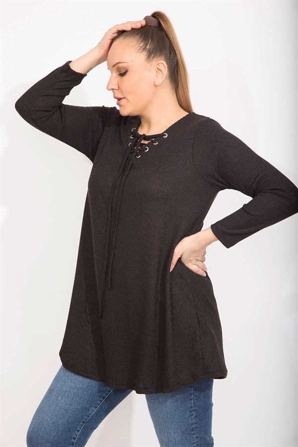 Kadın Antrasit Rahat Kesim Kaşkorse Kumaş Yakası Kuşgözü Bağcık Detaylı Uzun Tunik 65N35499