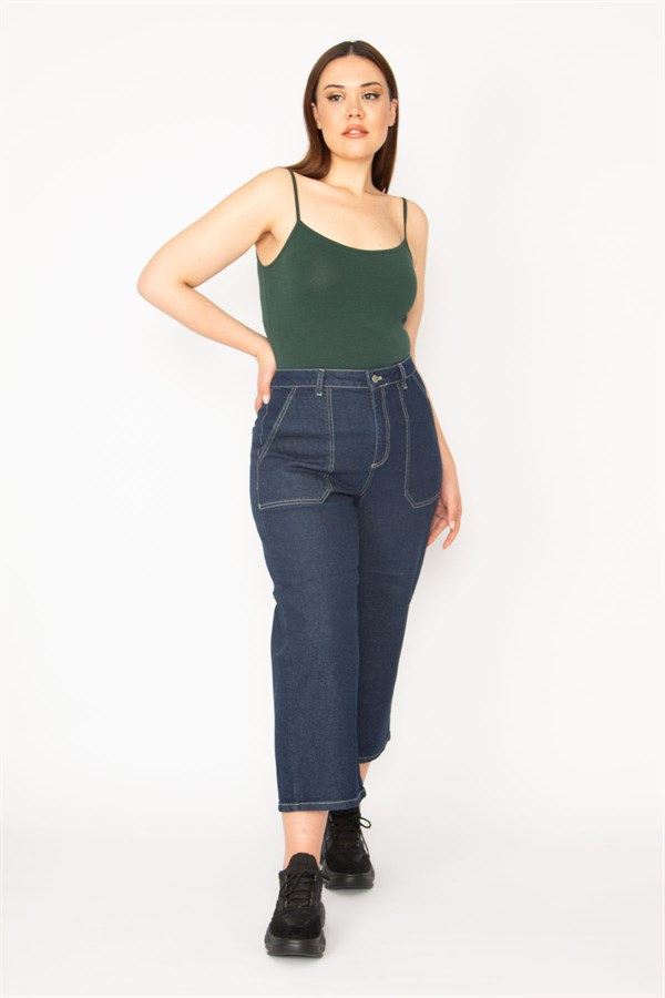 WOMEN'S NAVY BLUE POCKET DETAILED HIGH WAIST ANKLE LENGTH JEANS