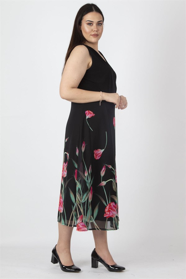 Kadın Siyah Etek Kısmı Şifon Astarlı Anvelop Çiçek Desenli Elbise 65N26735