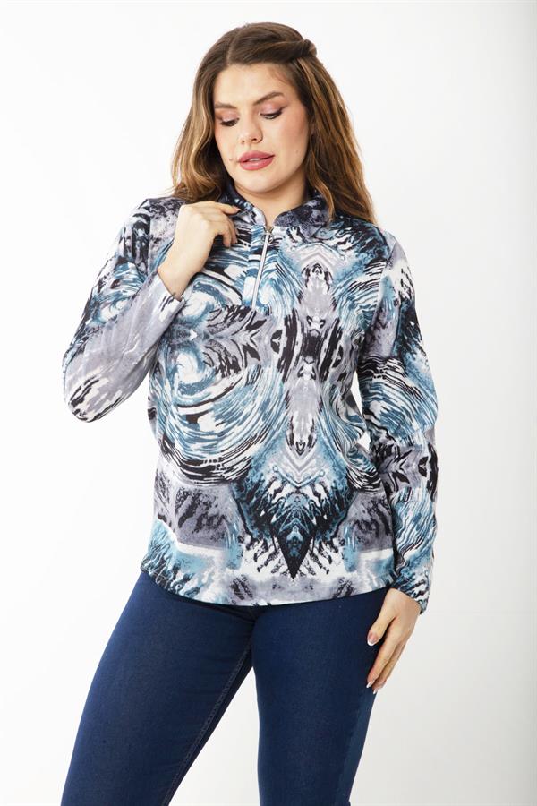 Kadın Büyük Beden Bordo Ön Patı Fermuarlı Uzun Kollu Desenli Bluz 65N37218