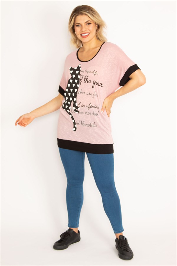 Kadın Pembe Kedi Figürlü Taş Ve Baskı Detaylı Düşük Kollu Tunik 65N34634