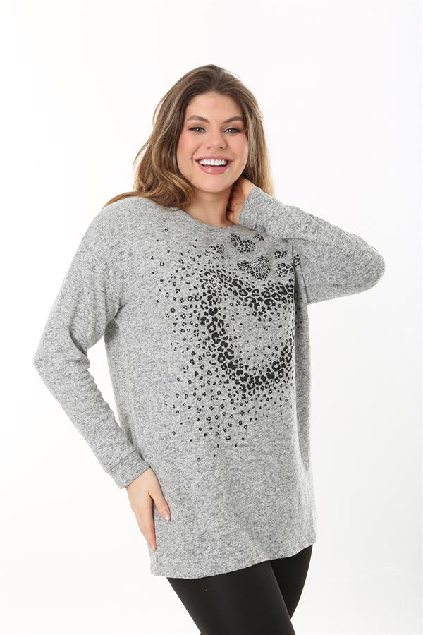Kadın Büyük Beden Gri Önü Taş Detaylı Yün Viskon Bluz 65N37501