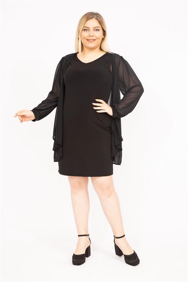 Kadın Siyah Büyük Beden Şifon Pelerinli Manşetleri Taş Detaylı Elbise 65N35809