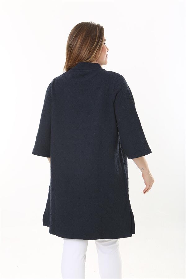 Kadın Büyük Beden Lacivert Dik Yakalı Kendinden Desenli Kapri Kollu Tunik Elbise 65N37518