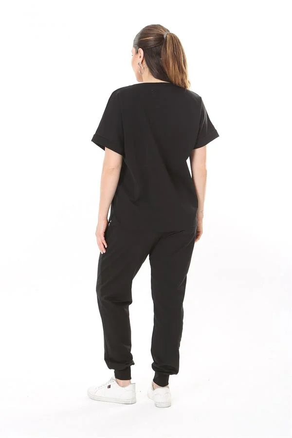 Kadın Büyük Beden Saks Taş Detaylı Kısa Kollu Sweatshirt Pantolon Takım 65N37702