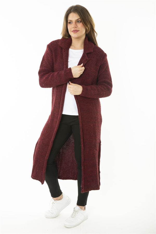 Kadın Büyük Beden Bordo Yırtmaçlı Kalın Triko Uzun Hırka 65N37131