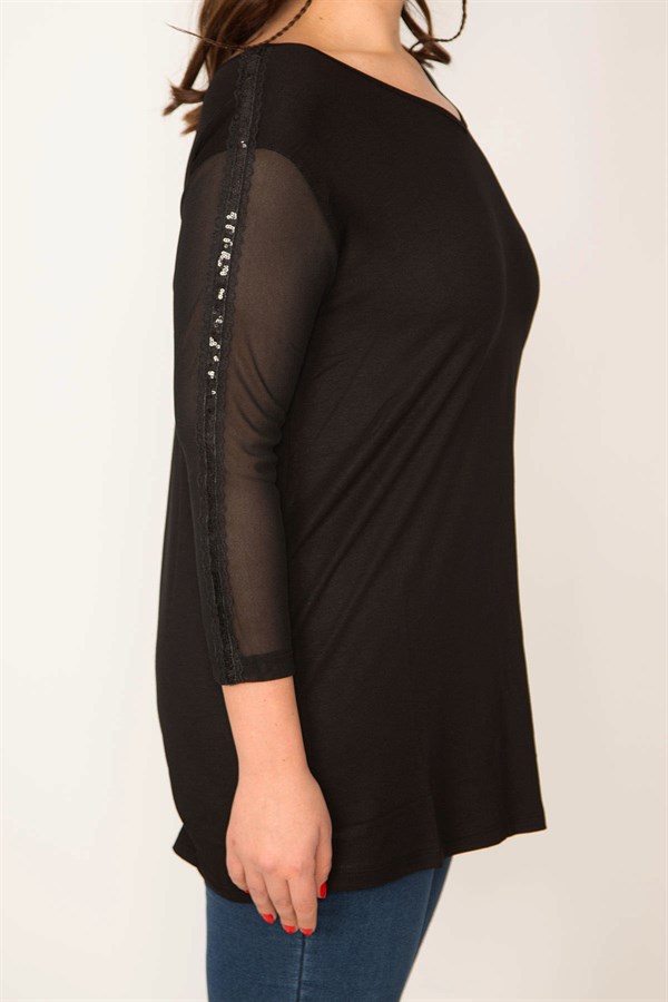 KADIN SİYAH KOLLARI TÜL VE PAYET DETAYLI V YAKALI BLUZ