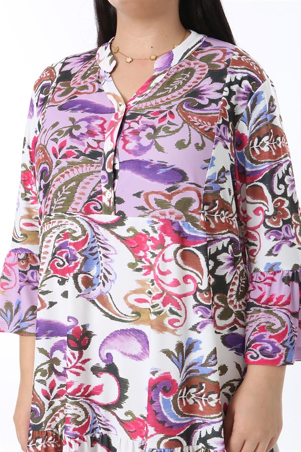 Kadın Büyük Beden Lila Ön Patı Düğmeli Volan Kollu Etek Ucu Katlı Elbise 65N38484