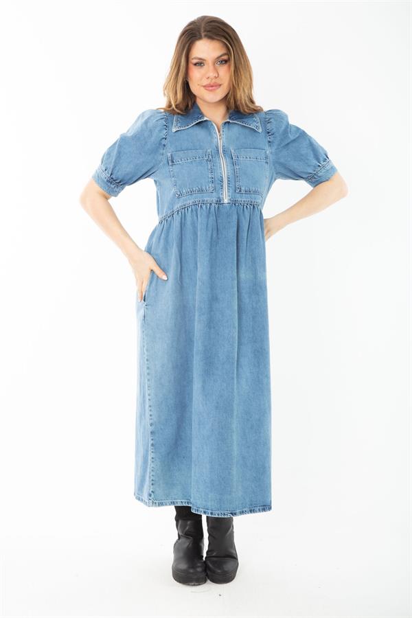 Kadın Büyük Beden Mavi Ön Pat Fermuarlı Kot Elbise 65N37377