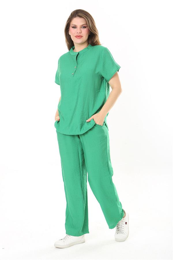 Kadın Büyük Beden Nar Ön Pat Düğmeli Tunik Ve Pantolon İkili Takım 65N37879