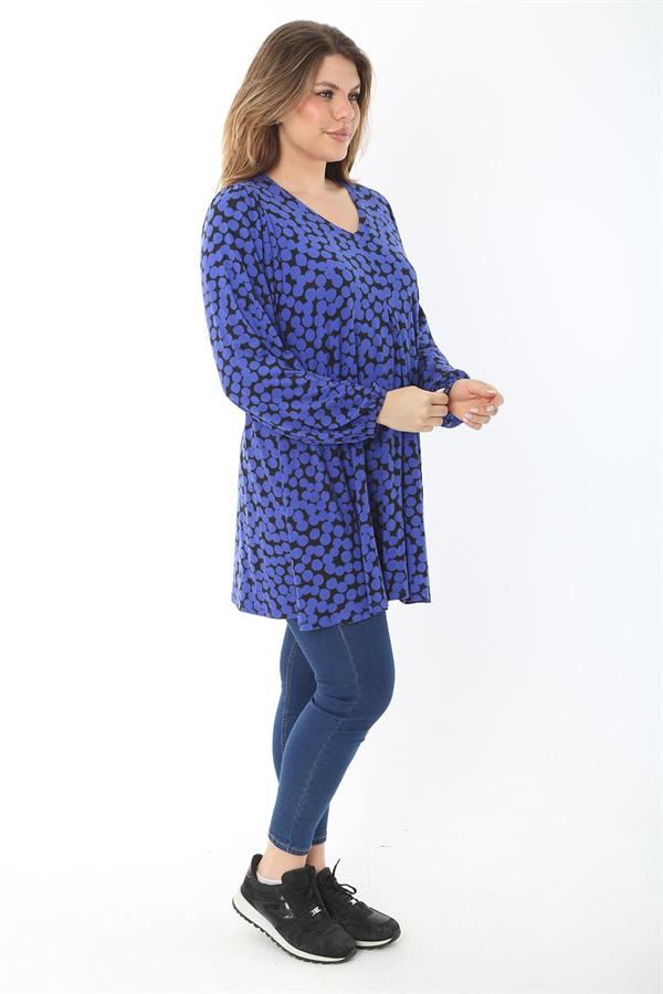 Kadın Büyük Beden Saks Önü A Pileli V Yakalı Bluz 65N37467