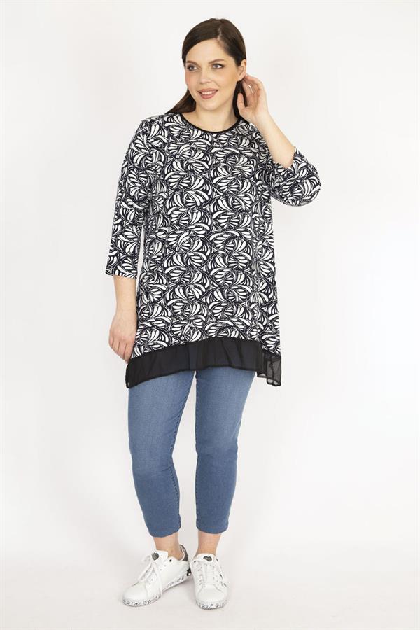 Kadın Lacivert Büyük Beden Etek Ucu Şifon Garnili Tunik