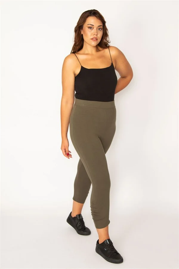 Kadın Haki Pamuklu Kumaş Paçası Büzgü Detaylı Tayt Kapri  65N34125