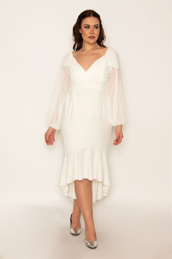 Kadın Kemik Göğüs Drapeli Kolları Şifon Eteği Volanlı Astarlı Abiye Elbise 85N7316