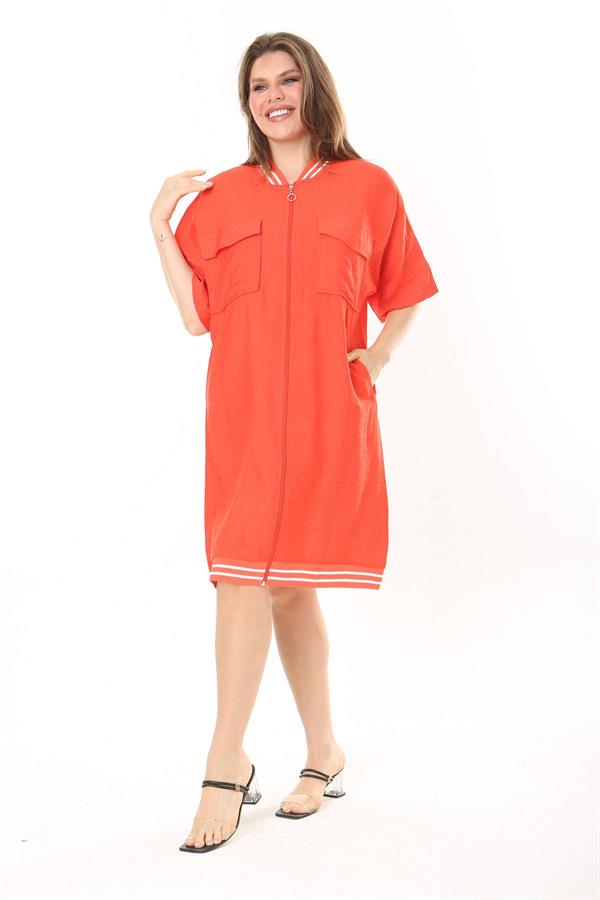 Kadın Büyük Beden Nar Ön Fermuarlı Ribana Detaylı Aerobin Kumaş Elbise 65N37880